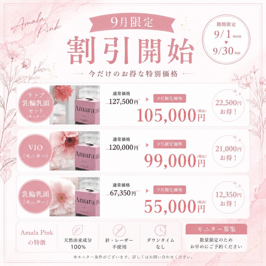 【9月限定】Amala Pink（アマラピンク）の割引キャンペーンを実施します。VIO、乳輪乳頭、リップ＋乳輪乳頭セットをモニター特別価格でご案内。通常価格から最大22,500円OFF。茨城県那珂市のさがわ皮膚科で実施しています。