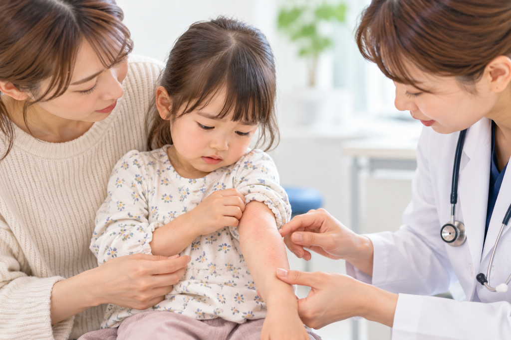 子どもの肌を確認する保護者＋皮膚科医をイメージ