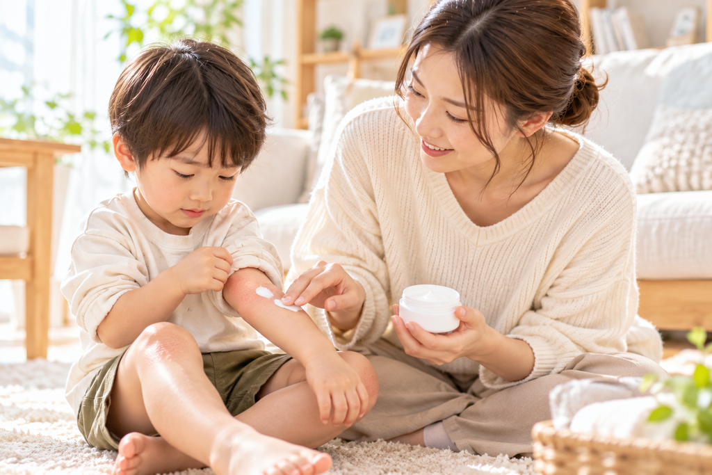 子どもの腕・脚の肌と、保湿するイメージ。