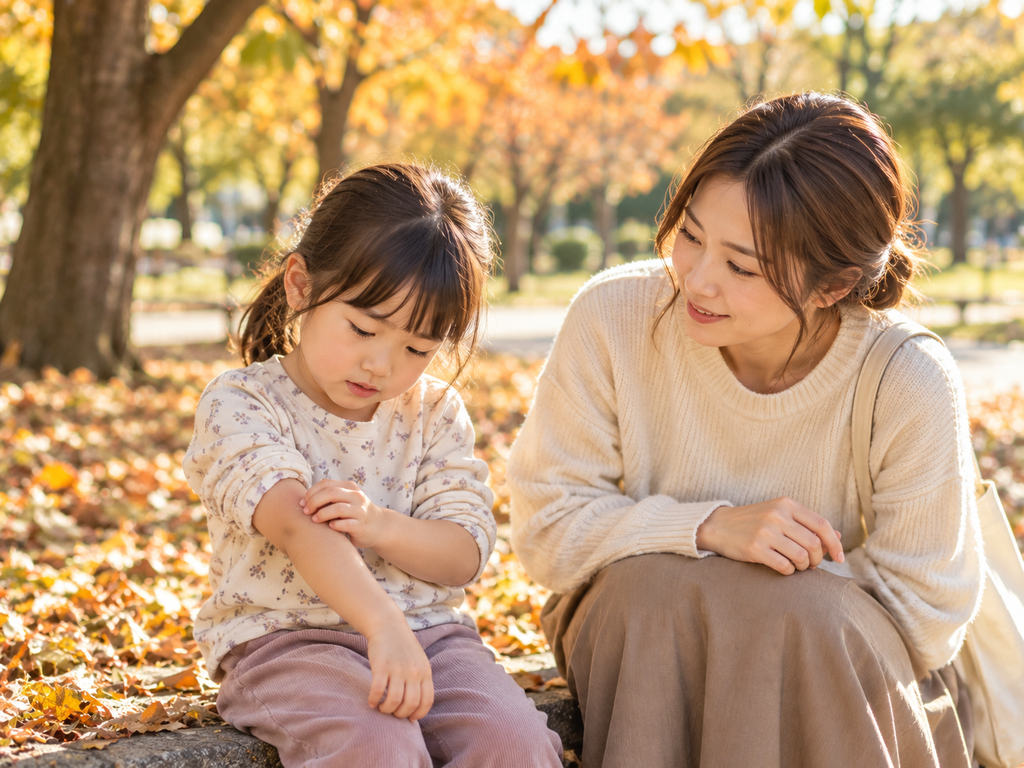 秋の公園で、子どもが腕を少しかいている自然な生活シーン。保護者が優しく様子を見ている。秋の落ち葉や柔らかな日差し。