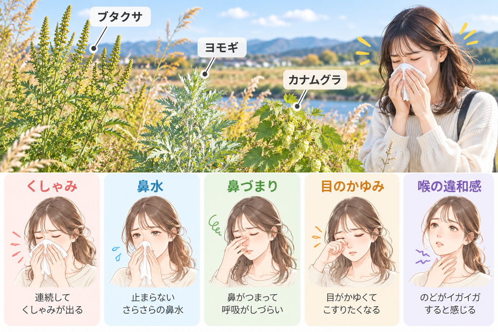 秋の花粉症でみられるくしゃみや鼻水、鼻づまり、目のかゆみなどの症状